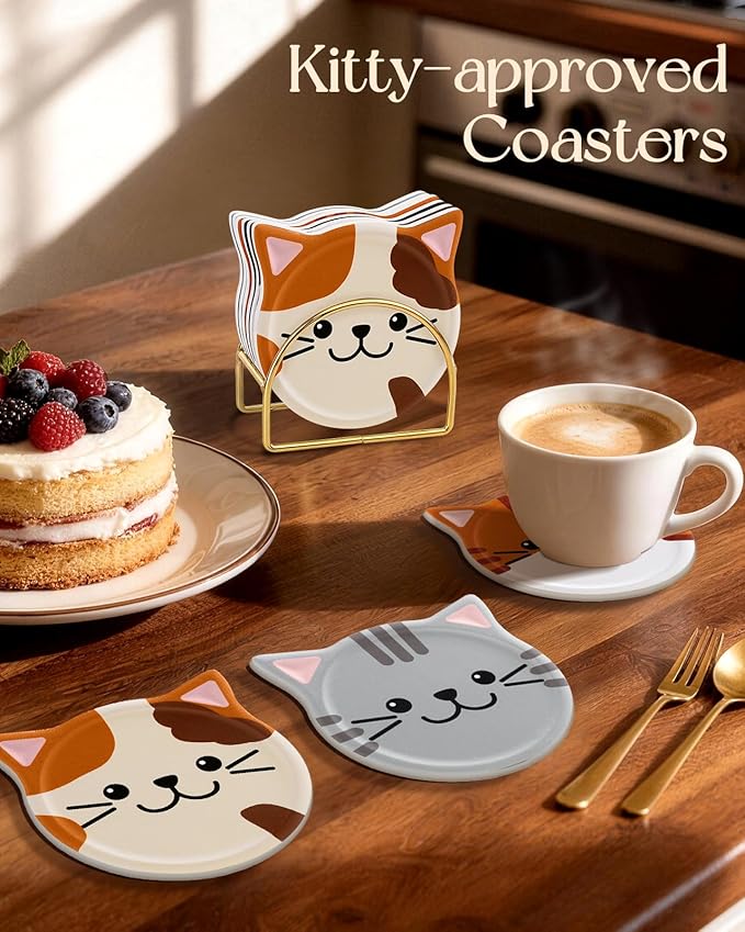 Oqplog Cat Drink Coasters for Cat Lovers Gifts Desk Coffee Table Set of 6-Funny Ceramic Cup Holder Coaster for Home Office Cute Decor Accessories for Women Family