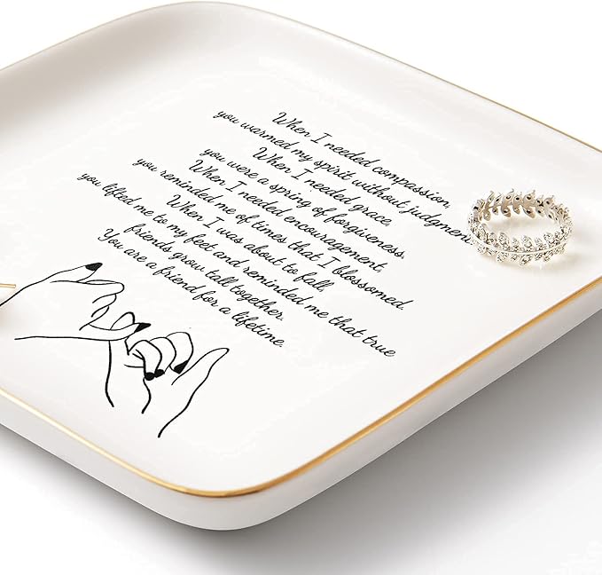 Friend Gifts for Women Friends, Long Distance Friendship Jewelry Tray - Ceramic Trinket Dish Birthday Gifts for BFF Bestie - Unique Sentimental Soul Sister Gifts, 5.5"x5.5" (Friend for a Lifetime)