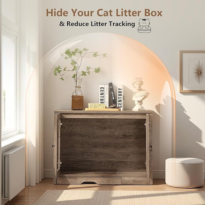 Cat Litter Box Enclosure with Convenient Litter Collector, Cat-Viewing Glass Doors, Wooden Cozy Pet House (Grey)