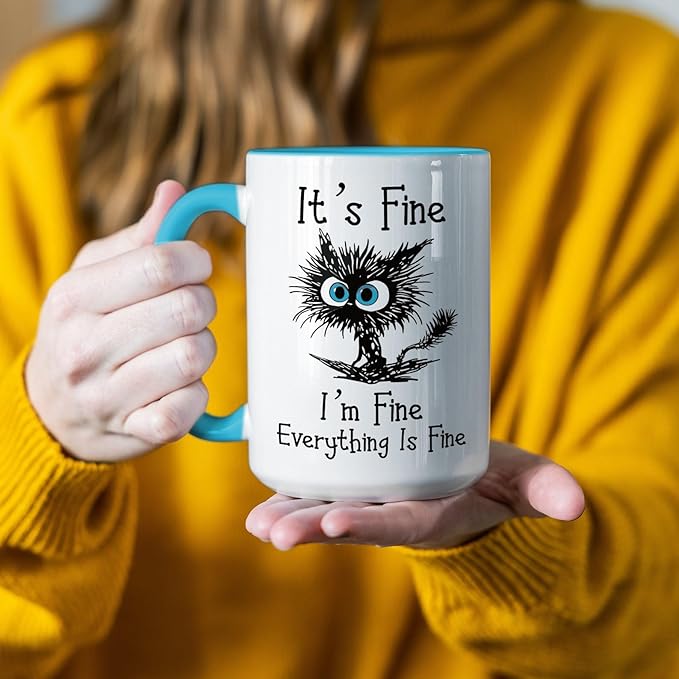 Funny Black Cat Coffee Mug – 15oz Sarcastic I am Fine Everything's Fine Cup – Big Ceramic Mug with Blue Handle – Microwave & Dishwasher Safe – Funny Gag Gift for Cat Lovers, Women, Coworkers