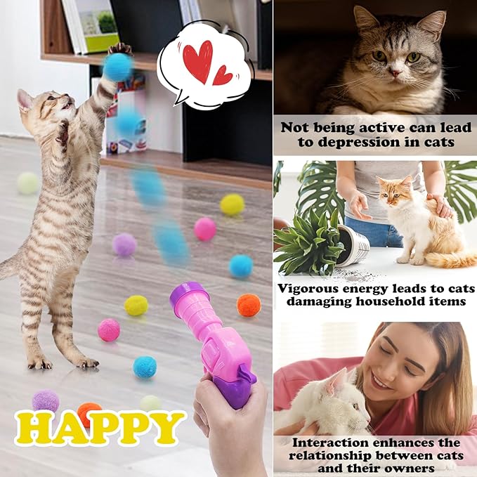 Andiker Cat Toy Balls Set, 30pcs Plush Cat Pom Pom Balls&a Plastic Launcher Set for Kitten Catch&Fetch Interactive Cat Toy with Colorful&Soft Cat Balls for Indoor Cats to Keep Fit (Pink 30pcs)