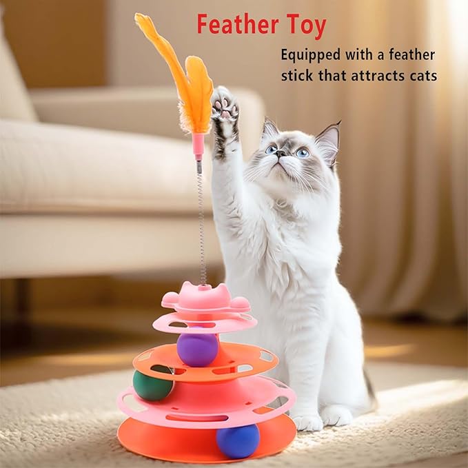 Cat Ball Track Toys, Creative Feather Toy, consisting of 3 Balls and a Feather Stick, Tower-Shaped cat Intelligence Toy, Suitable for Chasing Games with Kittens. (Pink)