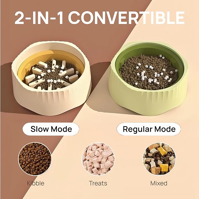 2-in-1 Convertible Slow Feeder Dog Bowl, Regular and Slow Mode for Fast Eaters, Anti-Bloat, Interactive Puzzle, Non-Slip for Small Medium Large Breed Dogs, Cats, Puppies, Pets, Matcha Green