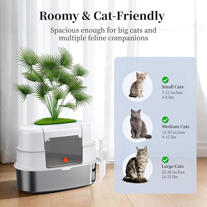 XXL Stainless Steel Corner Cat Litter Box with Lid, Enclosed Hidden Plant Litter Box with Artificial Plant, Easy-Clean Covered Decorative Litter Box for Large Cats, White