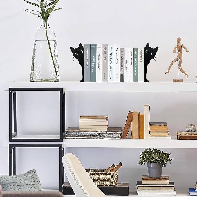 2 Sets Peeping Cat Bookends,Metal Cat Book Ends for Heavy Books for Shelves Decorative,Bookshelf Decor Home Office Desk for Cat Lover Gifts Black (Cat 2PCS)