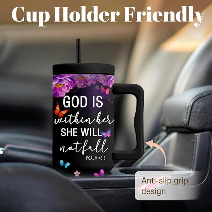 Christian Gifts For Women, Christian Tumbler 40 Oz, God Is Within Her She Will Not Fall, Christmas Inspirational Religious Cup For Women, Christmas Travel Coffee Tumbler