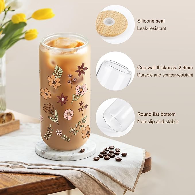 Joeyan Glass Cup with Lid and Straw, Iced Coffee Cups with Positive Crochet Potted Plant Doll, Boho Floral Tumbler for Smoothie Boba Tea, Emotional Support Birthday Mothers Day Gift for Women Mom Her