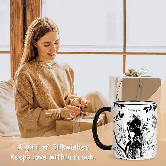 Black Cat Mug 11 Oz Mothers Day, Birthday Gifts for Women, Black and White Boho Cats Coffee Mug,Birthday Gifts for Cats Lovers Women,Friends,Mom,Grandma Ceramic Cup Microwave & Dishwasher Safe