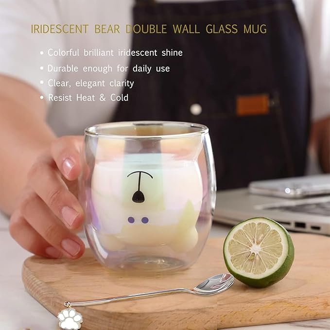 Binoster Cute Mugs Double Wall Glass Coffee Glass Cup Kawaii Bear Tea Milk Cup Funny Mug Animal Mug Aesthetic Cup for Office and Personal Birthday Gift (Iridescent Bear)