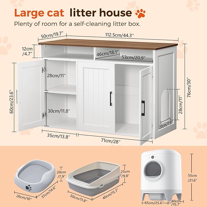 Cat Litter Box Enclosure for Self Cleaning Litter Boxes, Large Hidden Litter Box Furniture with Shelves, Wooden Cat Washroom Storage Cabinet, Automatic Litter Box Enclosure, White CWBZ3001