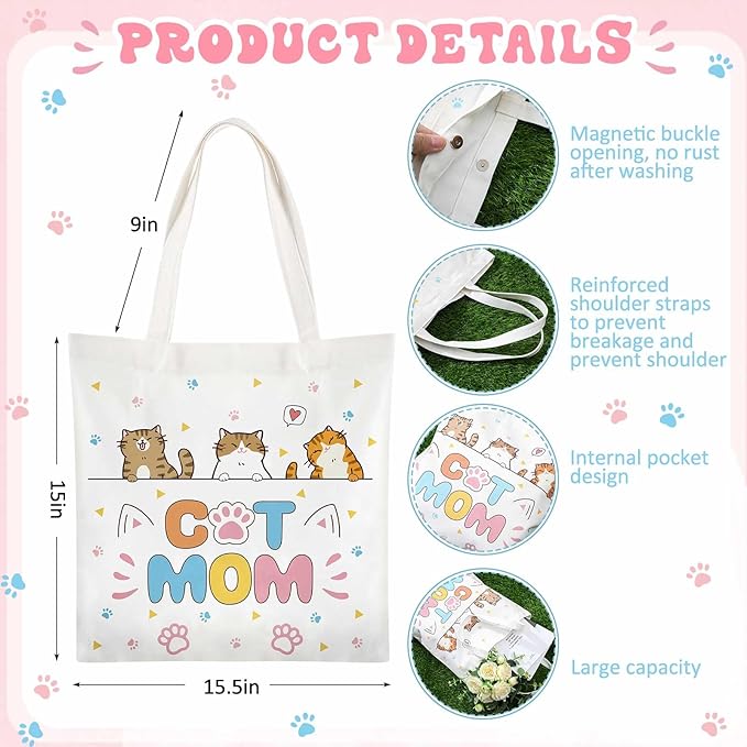 Paterr 6 Pcs Cat Mom Cat Lover Gifts for Women Christmas Canvas Tote Bag Makeup Bag Print Blanket Socks 16oz Glass Coffee Cup with Straw Cute Keychain for Mother's Day Birthday Girls Daughters Sister