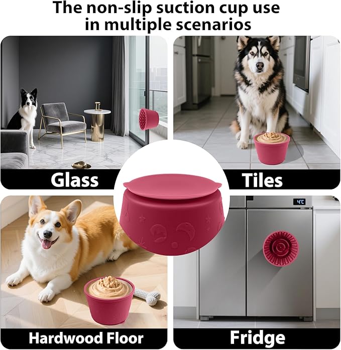 Dog Slow Feeder Lick Bowl - Non-Slip Licking Treat Dispenser for Small Medium Large Dogs, Promotes Anxiety Relief & Prevents Choking, Easy to Clean Feeding Bowl (Wine Red, S)