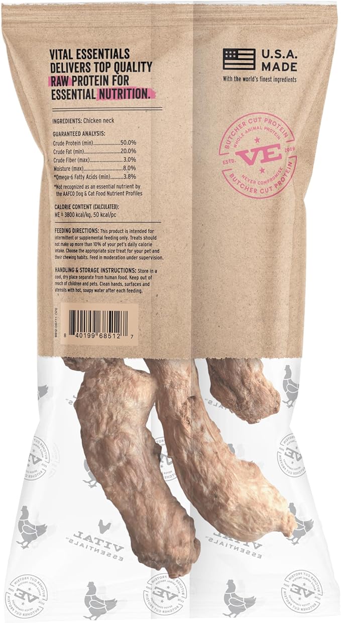 Vital Essentials Freeze-Dried Raw Chicken Necks Dog & Cat Treats, 1.23-oz | Single Ingredient Dog & Cat Treats for Light Chewers | Made in USA