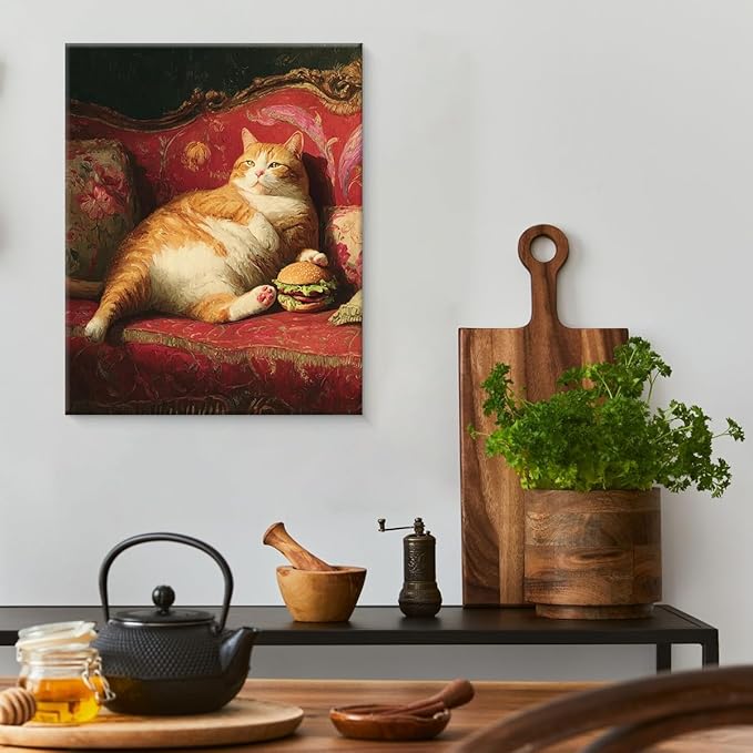 Vintage Fat Cat Wall Art Decor Funny Lazy Cat with Hamburger Print Picture Cat Lover Gifts Wall Decor for Home Living Room 8x10 Inch Canvas Framed