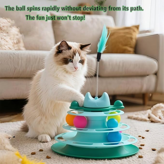 Cat Ball Track Toys, Creative Feather Toy, consisting of 3 Balls and a Feather Stick, Tower-Shaped cat Intelligence Toy, Suitable for Chasing Games with Kittens. (Green)