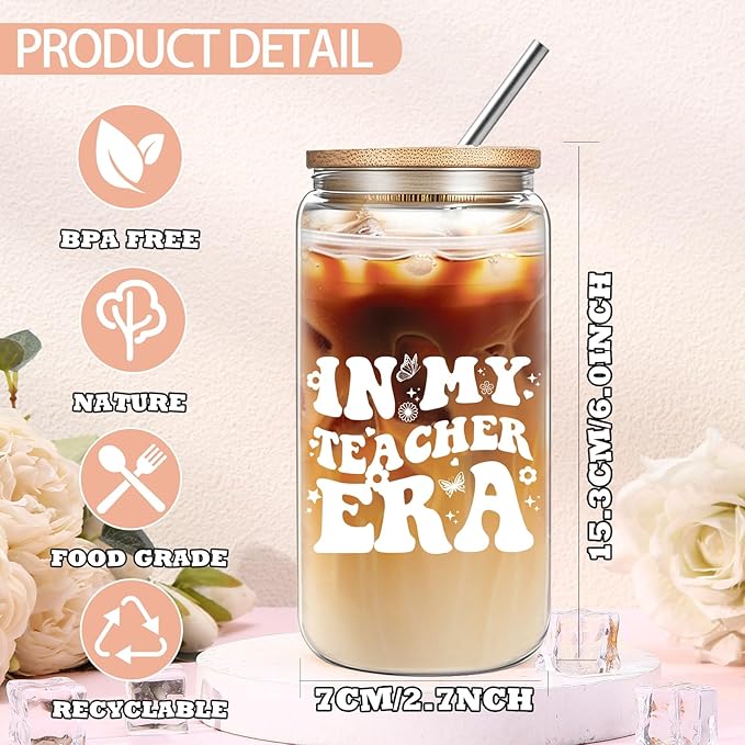 Teacher Appreciation Gifts for Women, Teacher Birthday Christmas Thank You Gifts Set with 16OZ Glass Cup Positive Cat Crochet