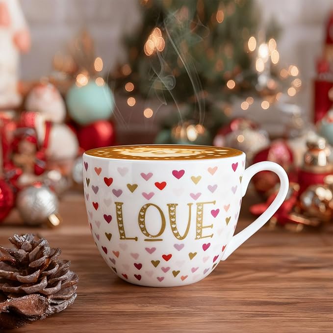 LOVE Heart Coffee Mug - 20 oz Bone China Mugs with Gold LOVE Design and Colorful Hearts, Perfect Gifts for Mom Women Mothers Day, Designed in England by Harvest Green Studio