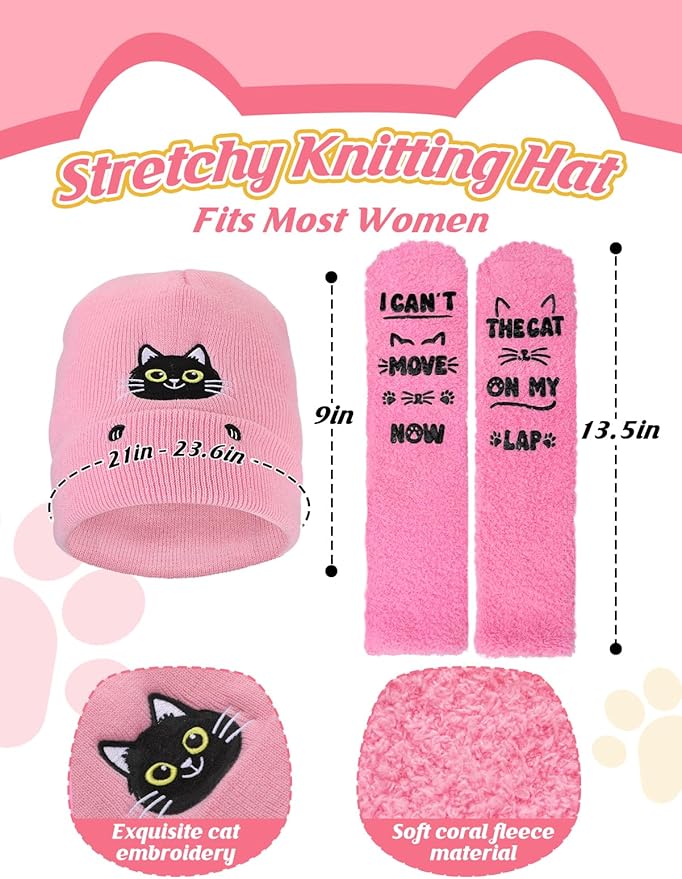 Cat Beanie and Funny Socks for Women - Cute Warm Gifts for Cat Lovers