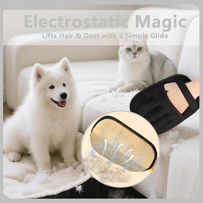 2-Pack Pet Hair Remover Gloves - Electrostatic Magic Brush Washable Reusable Dog Cat Hair Removal Tool for Furniture Clothing Carpet Car