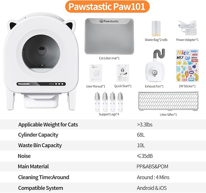 Automatic Self Cleaning Litter Box, 68 L Automatic Cat Litter Box for Multiple Cats, Robot with Dual Safety Protection, APP Control, Odor Removal Smart Litter Boxes, 2 Roll Trash Bags (White)