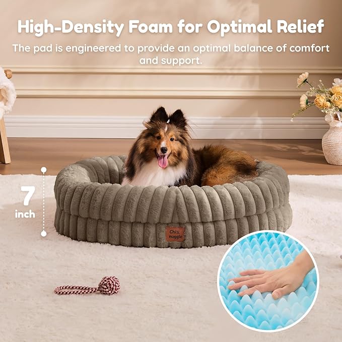 ChiXnuggle Dog Bed Medium Sized Dog - Luxury Striped Faux Fur Waterproof Dog Couch with Removable Washable Cover, Orthopedic Dog Bed with Bolster Sides for Sleeping, Taupe