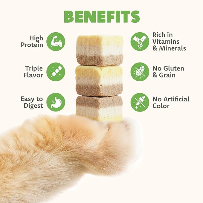 MON2SUN Triple-Layer Freeze Dried Cat & Dog Treats, Chicken, Egg & Chicken Liver Recipe Cube, Grain-Free High Protein Snacks, All Natural Food Topper or Training Rewards, 3.5oz