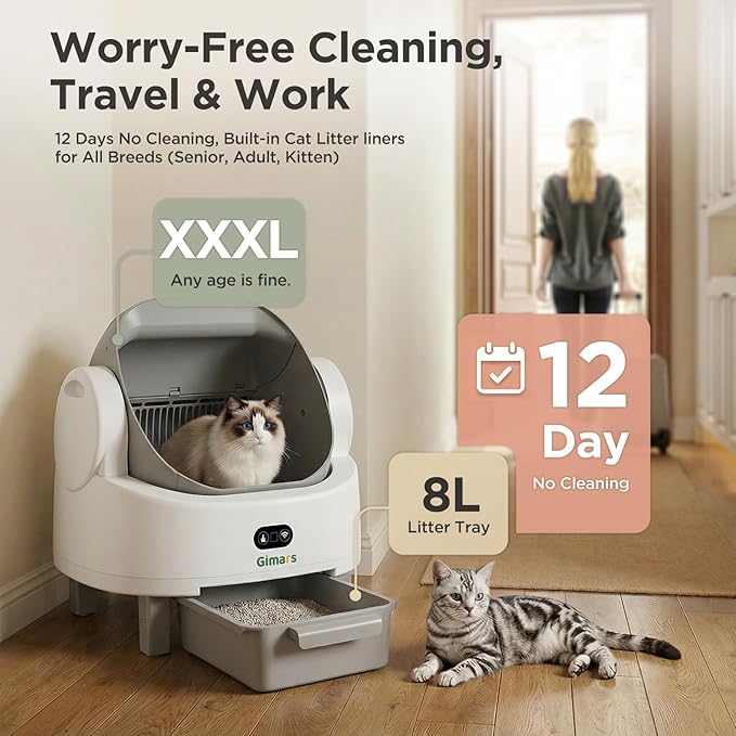 Gimars Open Top Design Self Cleaning Litter Box, Automatic Cat Litter Box for Multiple Cats & Senior Cats, App Control with Safety Sensors, Low Odor, Includes Trash Bags & Litter Mat