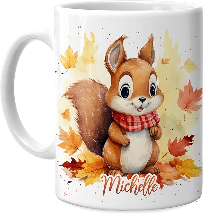 Hyturtle Personalized Fall Squirrel Coffee Mug - Birthday Gifts For Squirrel Lovers - Fall Autumn Decor Gifts For Farmhouse Thanksgiving - Custom Name 11oz White Ceramic Coffee Tea Mug