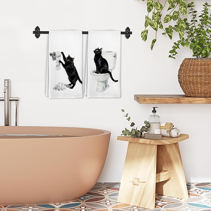 Funny Black Cat Hand Towels Gifts for Women Men, Black Cat Themed Decorative Hand Towels Set of 2, Cute Cats Dish Tea Towels for Kitchen Bathroom Washroom Toilet Decor Decorations, 16x24 Inch
