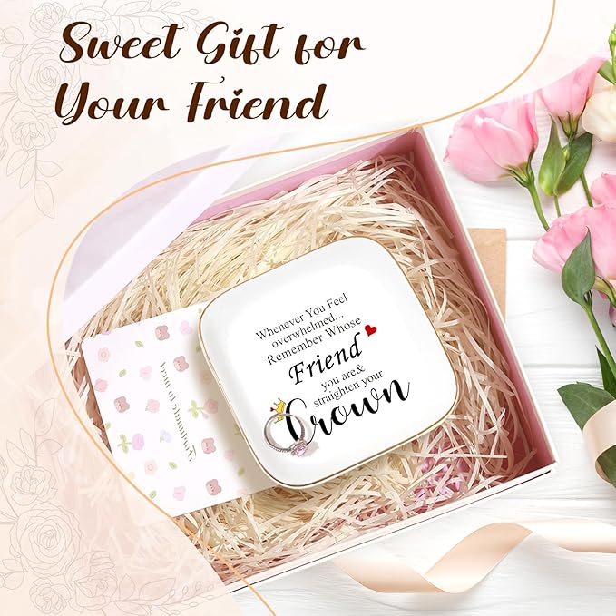 Friendship Gifts for Women Friends - "Straighten Your Crown" Ceramic Jewelry Dish, Best Friend Birthday Gifts for Women, Inspirational Bestie Gift Trinket Tray, Soul Sister Gift for Mothers Day