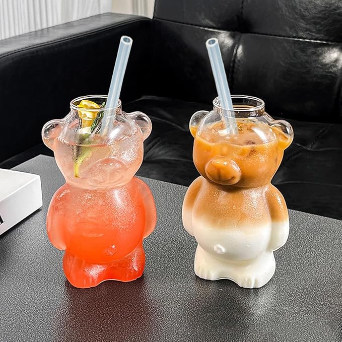 Glass Teddy Bear Cup with Straw - 10 oz Adorable Bear Glass Mug for Coffee, Wine & Cocktails - Cute Honey Straw Cup