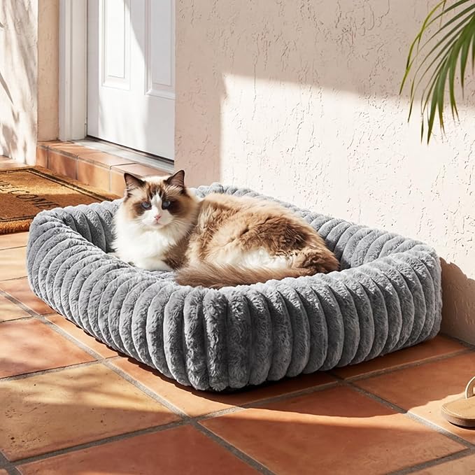 Cat Beds for Indoor Cats, Square Self Warming Cat Bed Orthopedic Pet Bed with Pillow Super Soft Rabbit Fur Small Dog Beds, Calming Plush Kitten Bed with Removable Washable Cover & Anti-Slip Bottom