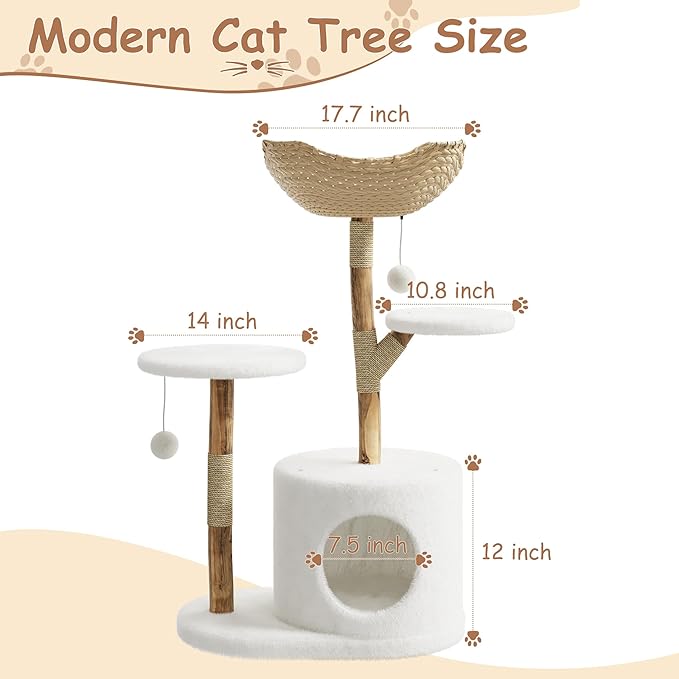 46-Inch Luxury Wooden Cat Tree Tower for Large Cats – Modern Real Branch Cat Condo with Spacious Basket, Sturdy Scratching Posts & Hanging Poms – Deluxe Indoor Cat Furniture