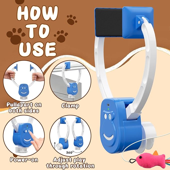 Automatic Cat Toy for Indoor Cats, Interactive Door Hanging Cat Toy with Smart Touch Restart, USB Rechargeable Cat Teaser with Elastic Rope, Adjustable Height Cat Toy for Kittens & Adult Cats (Blue)