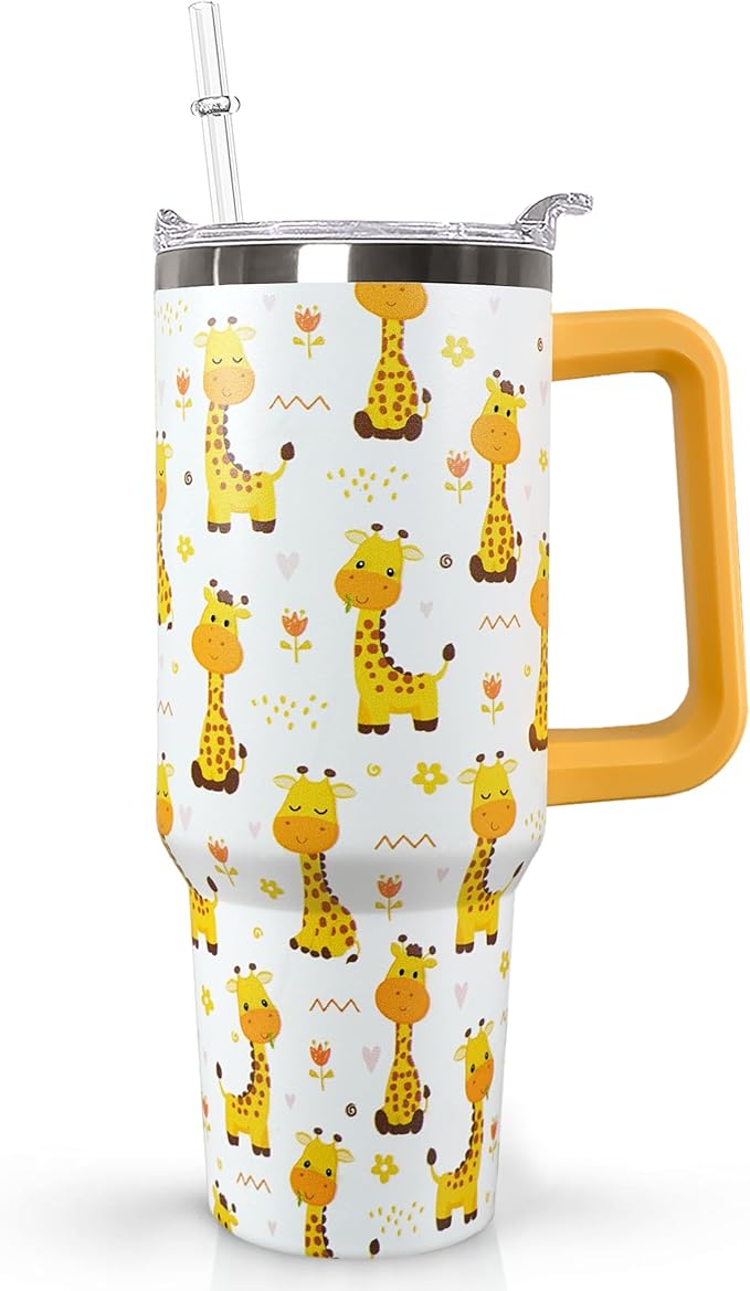 Ceovfoi 40 Oz Giraffe Tumbler With Lid and Straw, Stainless Steel Insulated Coffee Travel Mug, Giraffe Gifts for Lovers, Safari Decor Accessories
