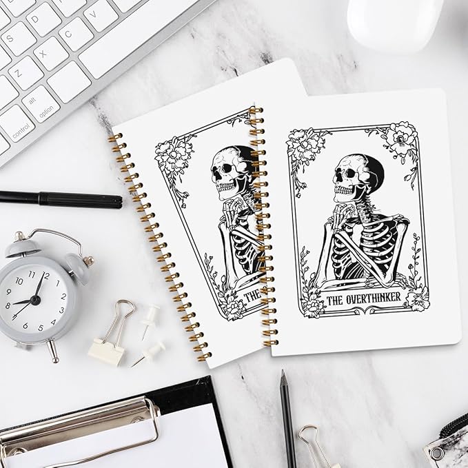 2 Pcs the Overthinker Goth Tarot Spiral Notebook Skull Gothic Tarot Cards Journaling Notebooks Gifts for Women Teacher Friend Teens College Ruled Notebook Journal, Classroom Office Supplies