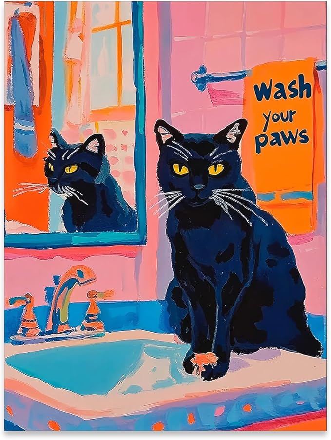 OMANI Black Cat Wash Your Paws Fun Wall Art Funky Colorful Bathroom Animal Poster Playful Kitsch Dopamine Aesthetic Canvas Pictures for Bathroom Wall Decor 12x16 inch Unframed