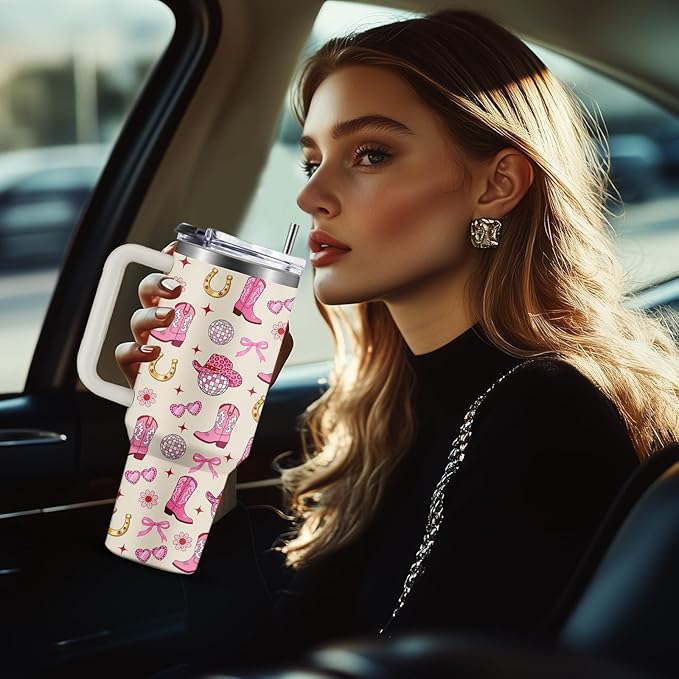 Cowgirl Pink Tumbler 40oz with Handle - Western Gifts for Women, Insulated Travel Mug, Cow Print Water Bottle, Country Girl Stuff for Horse Lovers Rodeo Mom, Christmas Birthday Present