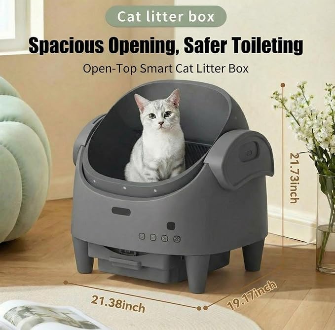 Automatic Self-Cleaning Cat Litter Box with Open-Top Design, App-Controlled Electric Litter Box for Multiple Cats, Adjustable Entry Height, Multi-Sensor Safety System, Includes 1 Roll Trash Bags