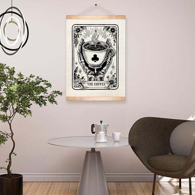 HEYJEEPER Coffee Tarot Card Wall Art ,Gothic Skeleton Hands Holding Cup Prints Linen Poster,Black and White Spiritual Hanging Wall Posters for Coffee Bar,Cafe Shop or Kitchen Home Decor 14x18inch (Coffee03)