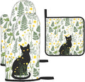 Black Cat Wildflower Hot Pads and Oven Mitts Set of 3, Spring Summer Plants Kitchen Decor Potholders and Oven Mitts, Baking and Cooking Gifts for Chef Baker, Black Cat Gifts for Women & Kitchen Decor