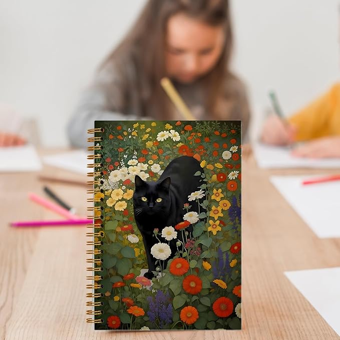 Vintage Moody Botanical Black Cat Notebook, Cottagecore Colorful Wildflower Witchy Kitty Journal for Writing, Cat Office Supplies, Spiral Notebook 5.5x8.3 Inch