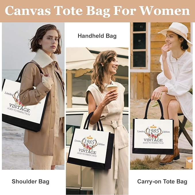 GevGuxLuo 40th Birthday Gifts for Women Canvas Tote Bag, 40 Years Old Birthday Gifts for Mom Wife Aunt Friends Her,Turning 40 Beach Bag Reusable Grocery Bag 1985 Women Tote Bag