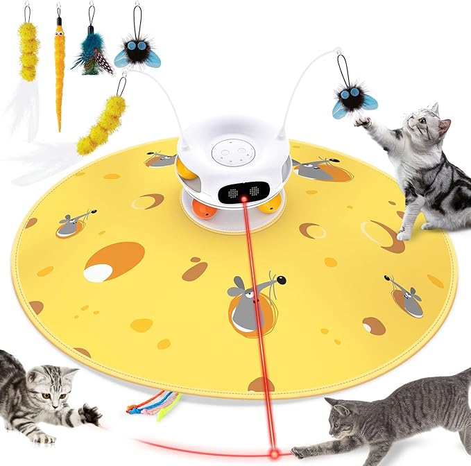 5 in 1 Interactive Cat Toys for Indoor Cats, Hide and Seek Cat Toys with Automatic Laser and Motion Activated, Fluttering Feather & Dual Track Balls with Chirping for All Breeds, Rechargeable