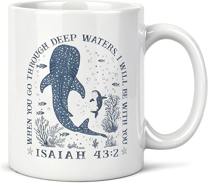 Whale Shark Christian Mug 11 oz, Christian Gifts for Women Men, Isaiah 43:2 Bible Verse Coffee Cups Ceramic, Coastal Beach Religious Ceramic Mug for Coffee Tea Hot Cocoa Home Office Work