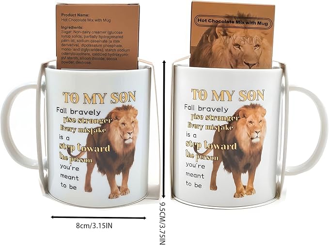 Mug Gift For Son To My Son Ceramic Coffee Mug With Lion Design Porcelain Coffee Mugs and Hot Chocolate Mix Set - Inspirational Birthday Gift For Son