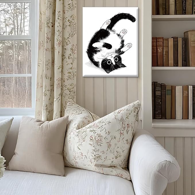 Modern Tuxedo Cat Wall Art Decor Cute Black and White Cat Print Picture Wall Decor for Home Living Room 8x10 Inch Canvas Framed