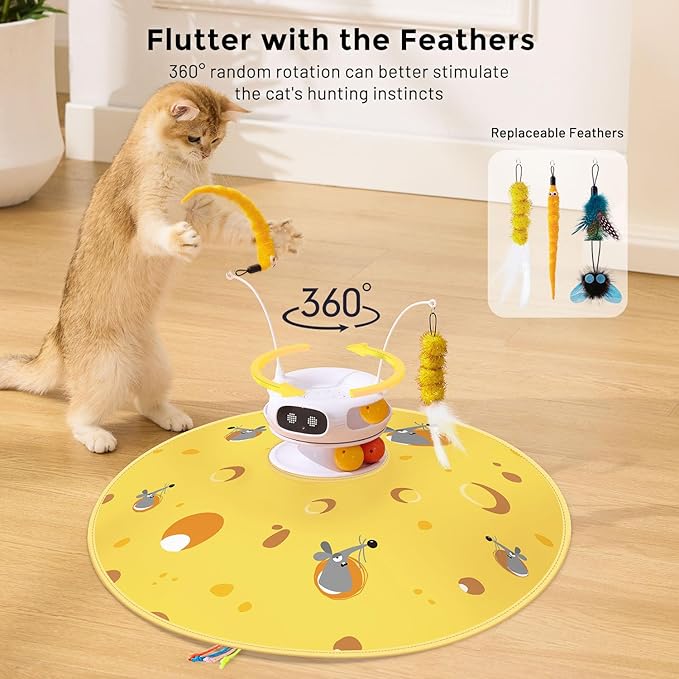 5 in 1 Interactive Cat Toys for Indoor Cats, Hide and Seek Cat Toys with Automatic Laser and Motion Activated, Fluttering Feather & Dual Track Balls with Chirping for All Breeds, Rechargeable