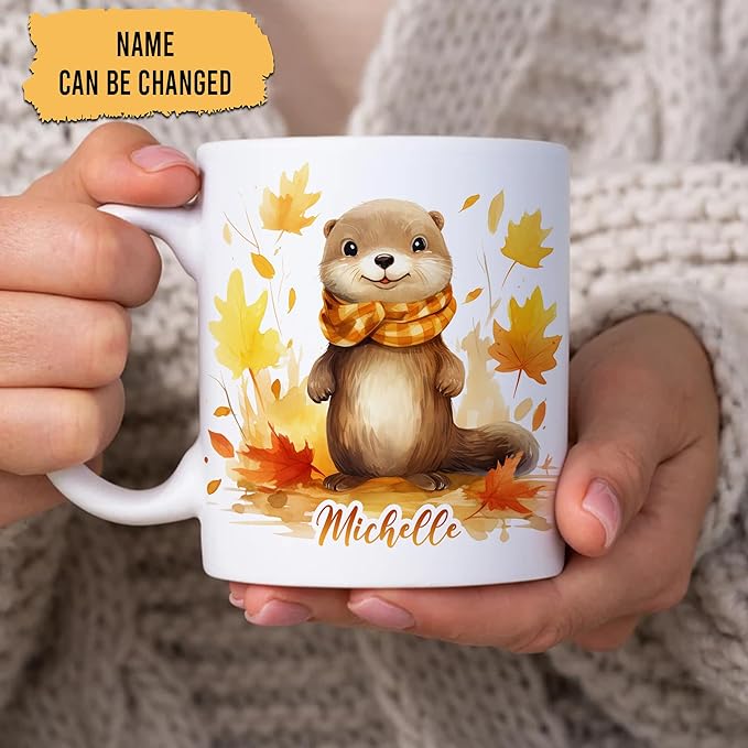 Hyturtle Personalized Fall Otter Maple Leaves Coffee Mug - Birthday Gifts For Otter Lovers - Fall Autumn Decor Gifts For Farmhouse Thanksgiving - Custom Name 11oz White Ceramic Coffee Tea Mug