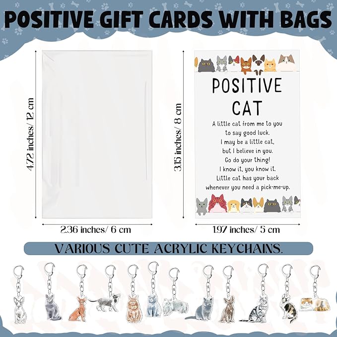 12 Set Cute Cat Keychain with Positive Cards and Bags Cats Animal Keychains Inspirational Gifts for Women Men Coworker Employee Stuff Team